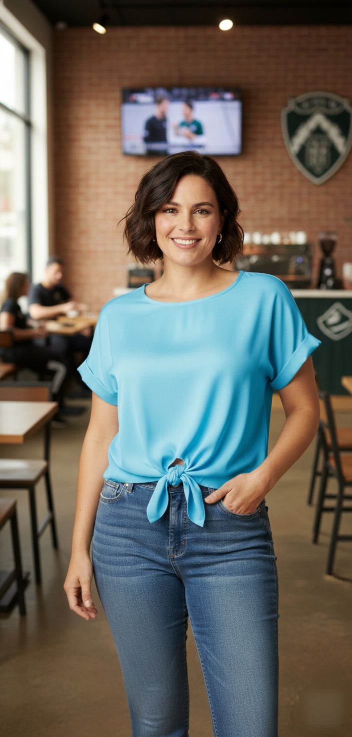 Blusa Azul Turquesa con Nudo Frontal