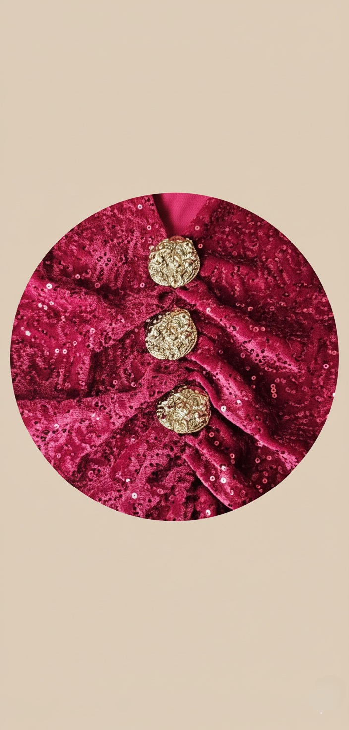 Blusa de lentejuelas rojo con escote en V y botones joya al frente.