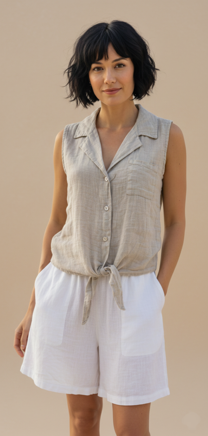 Blusa beige en lino sin mangas - Imagen 2