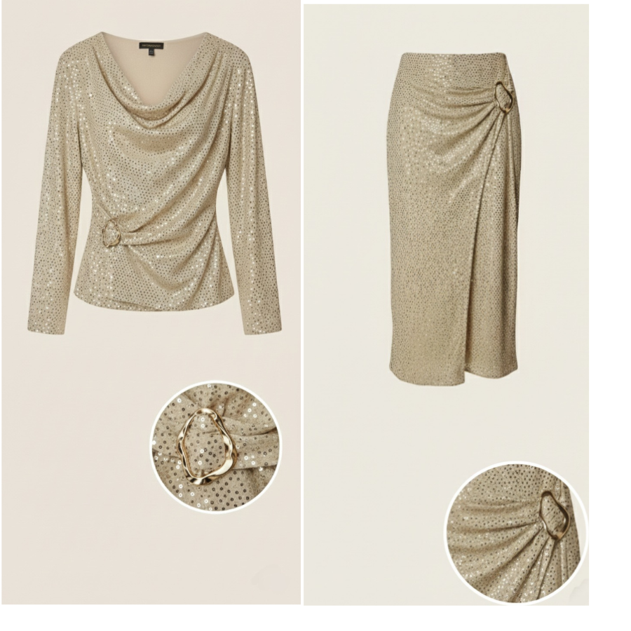 Conjunto champagne con dorado falda y Blusa 